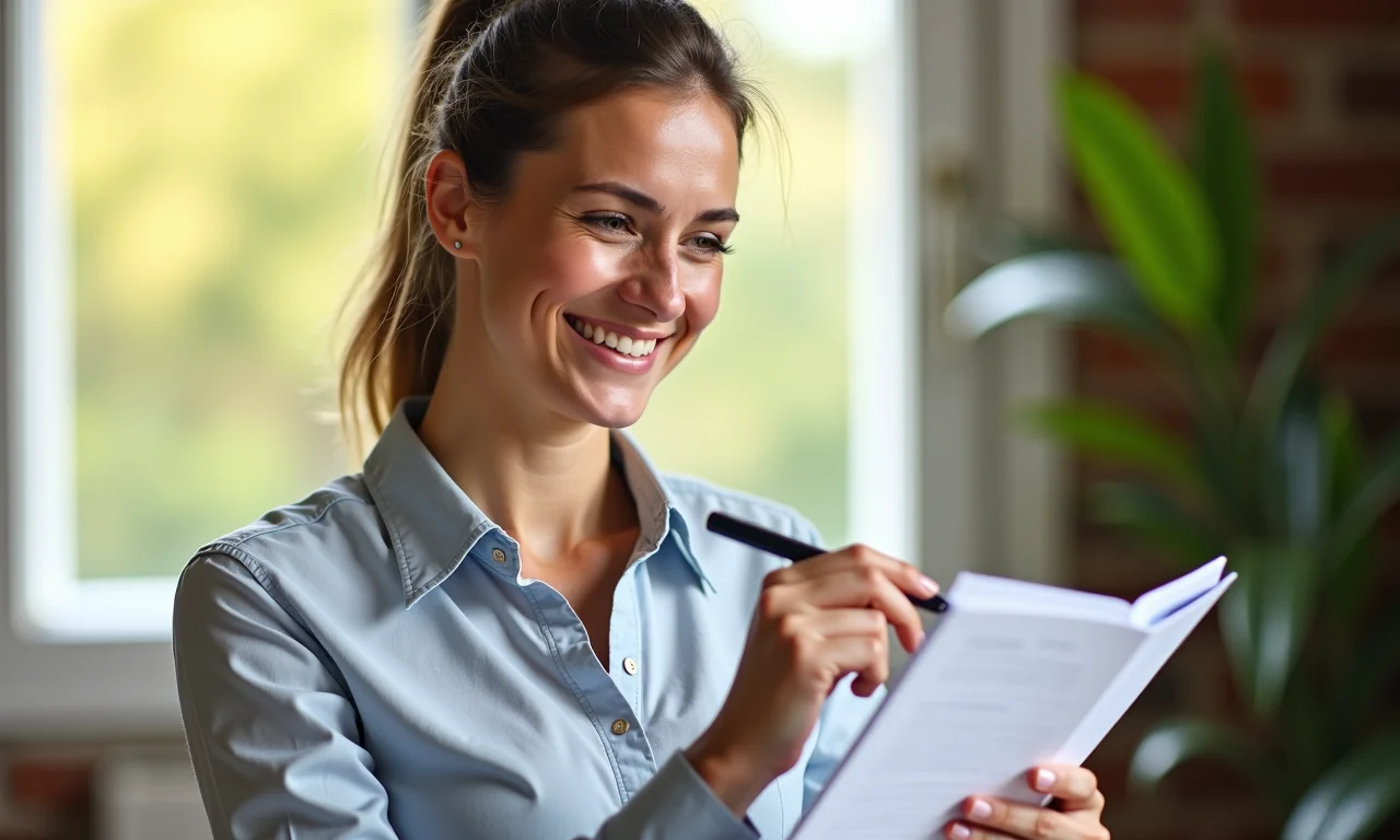 Mulher sorrindo marcando metas em seu planejador.