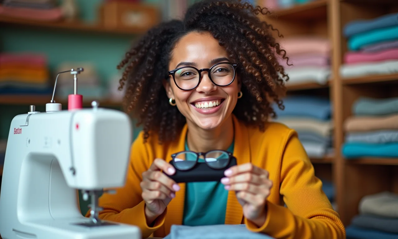 Mulher sorrindo, mostrando vantagens de fazer seu próprio porta-óculos.