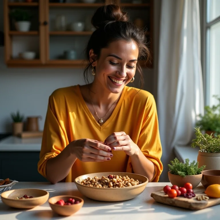 Mulher sorrindo preparando mix de castanhas