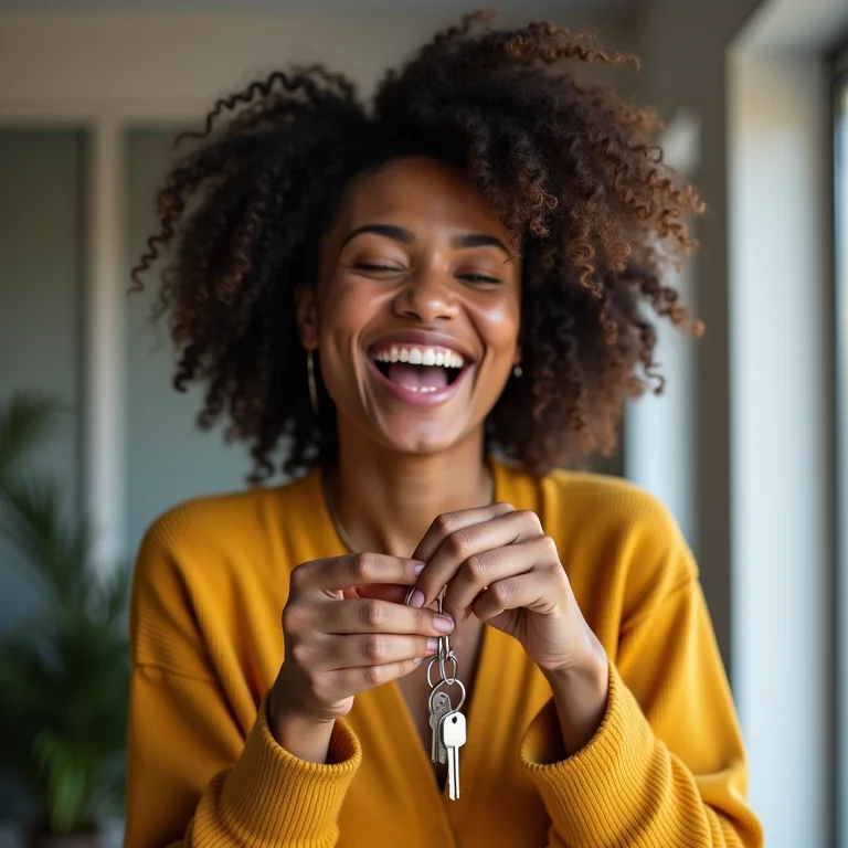 Mulher sorrindo segurando chaves de apartamento.