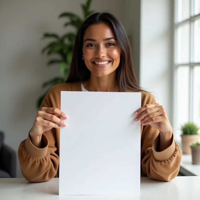 Mulher sorrindo segurando foto de perfil profissional, simbolizando a importância de uma boa foto no Pinterest.