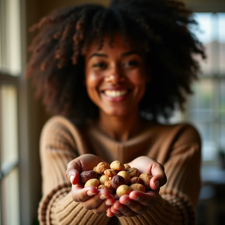 Mulher sorrindo segurando mix de castanhas