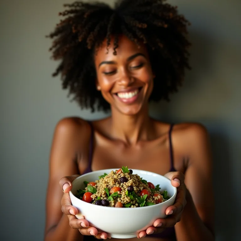 Mulher sorrindo segurando uma tigela de salada de quinoa colorida.