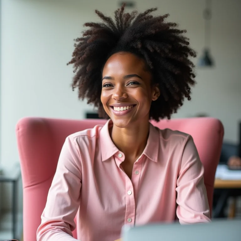 Mulher sorrindo sentada confortavelmente em uma cadeira de escritório rosa
