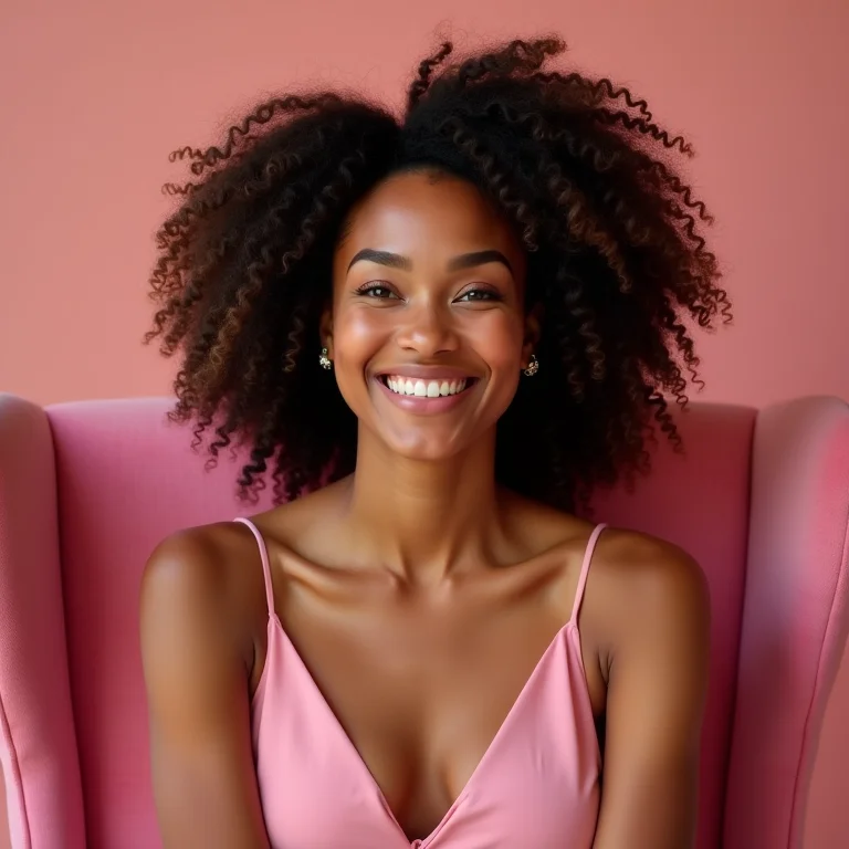 Mulher sorrindo sentada em uma cadeira rosa claro