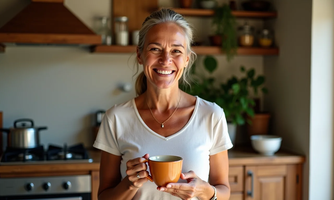 Mulher sorrindo tomando chá de canela em cozinha aconchegante.