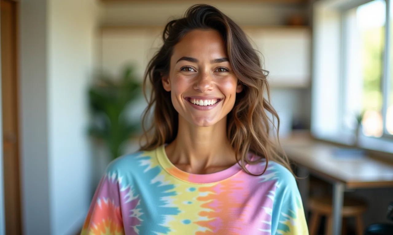 Mulher sorrindo usando camiseta tie-dye colorida.