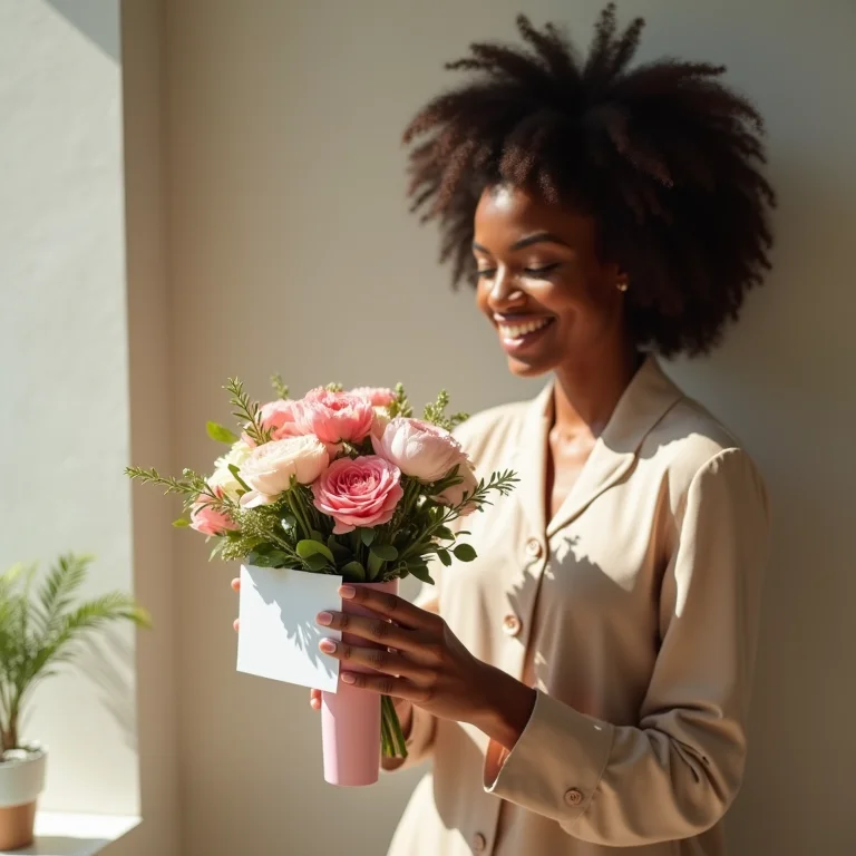 Mulher surpresa com flores e cartão