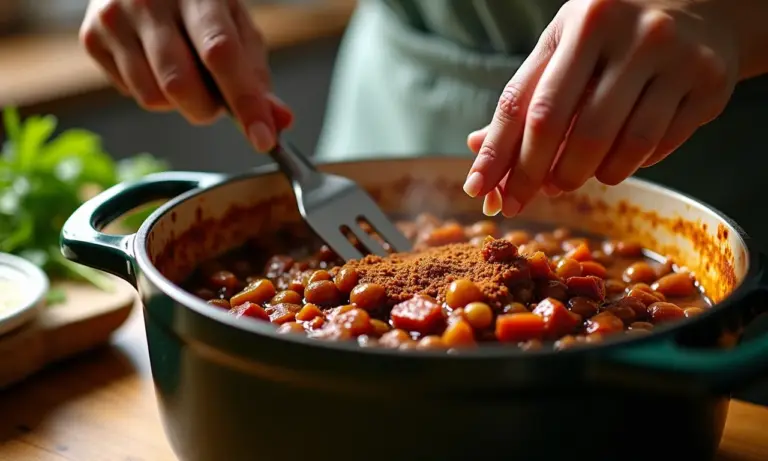 Mulher temperando feijoada com sal em cozinha colorida.