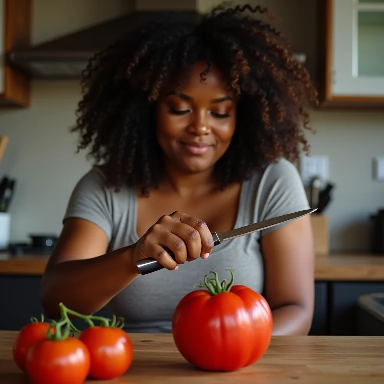 Mulher testando o fio de uma faca em um tomate