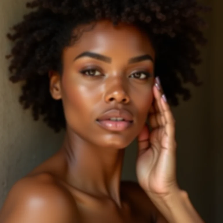 Mulher tocando o rosto, demonstrando a elasticidade e firmeza da pele