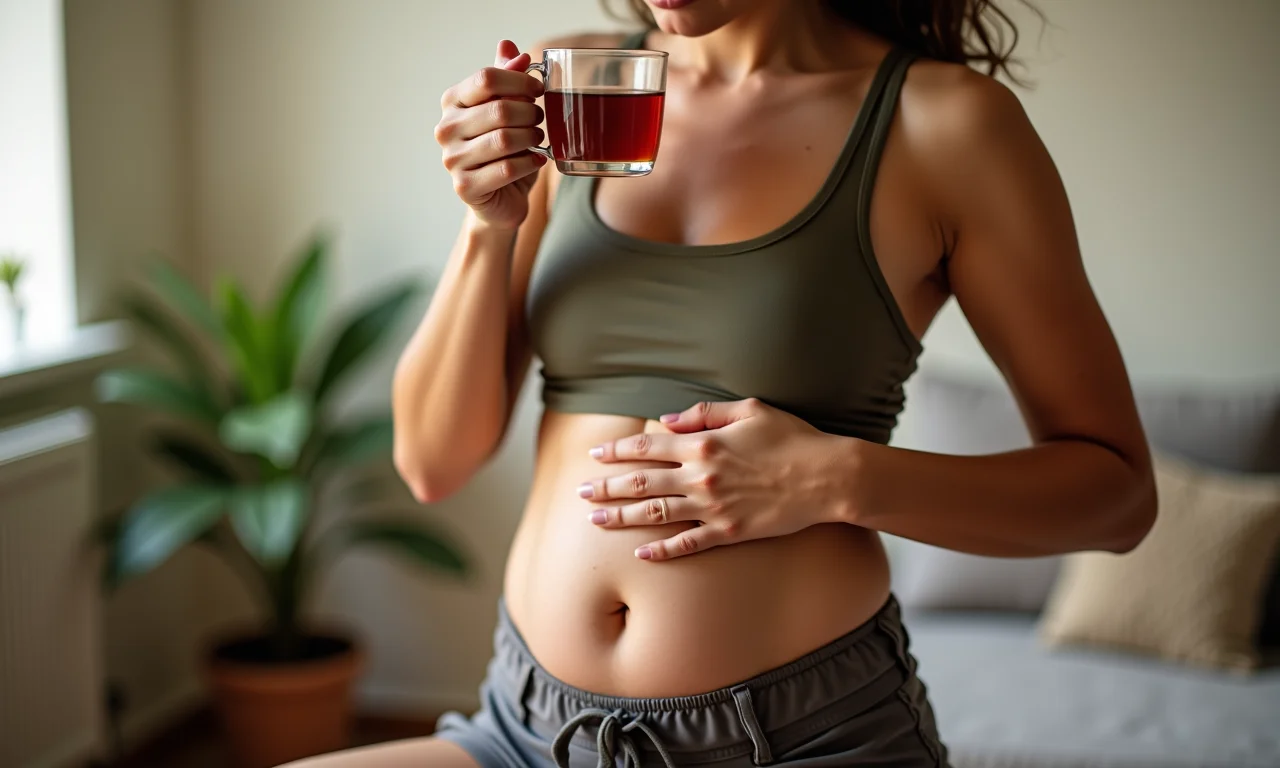 Mulher tomando chá após a Saudação ao Sol, estimulando a digestão.