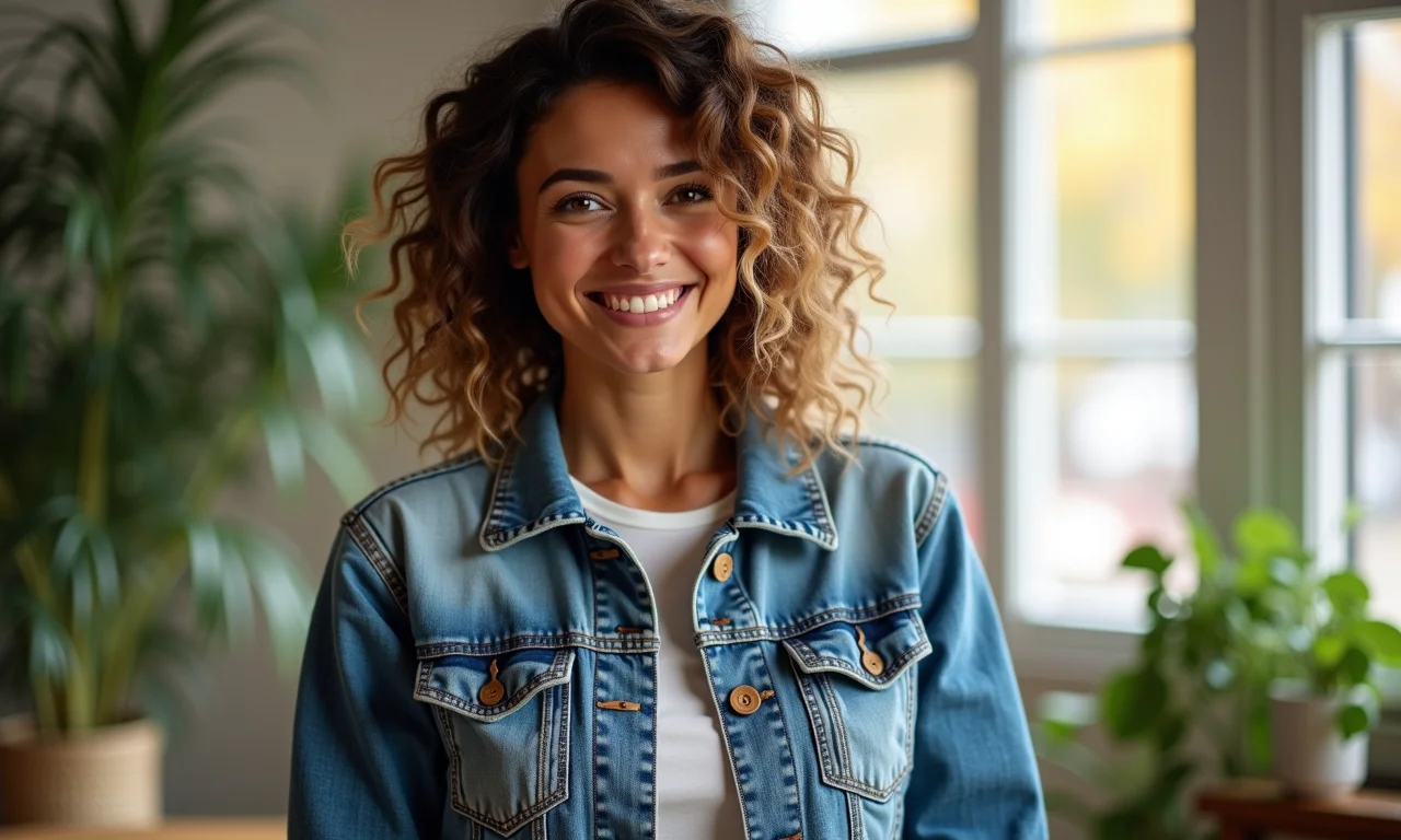 Mulher transformando jeans velhos em uma jaqueta estilosa em um estúdio iluminado.