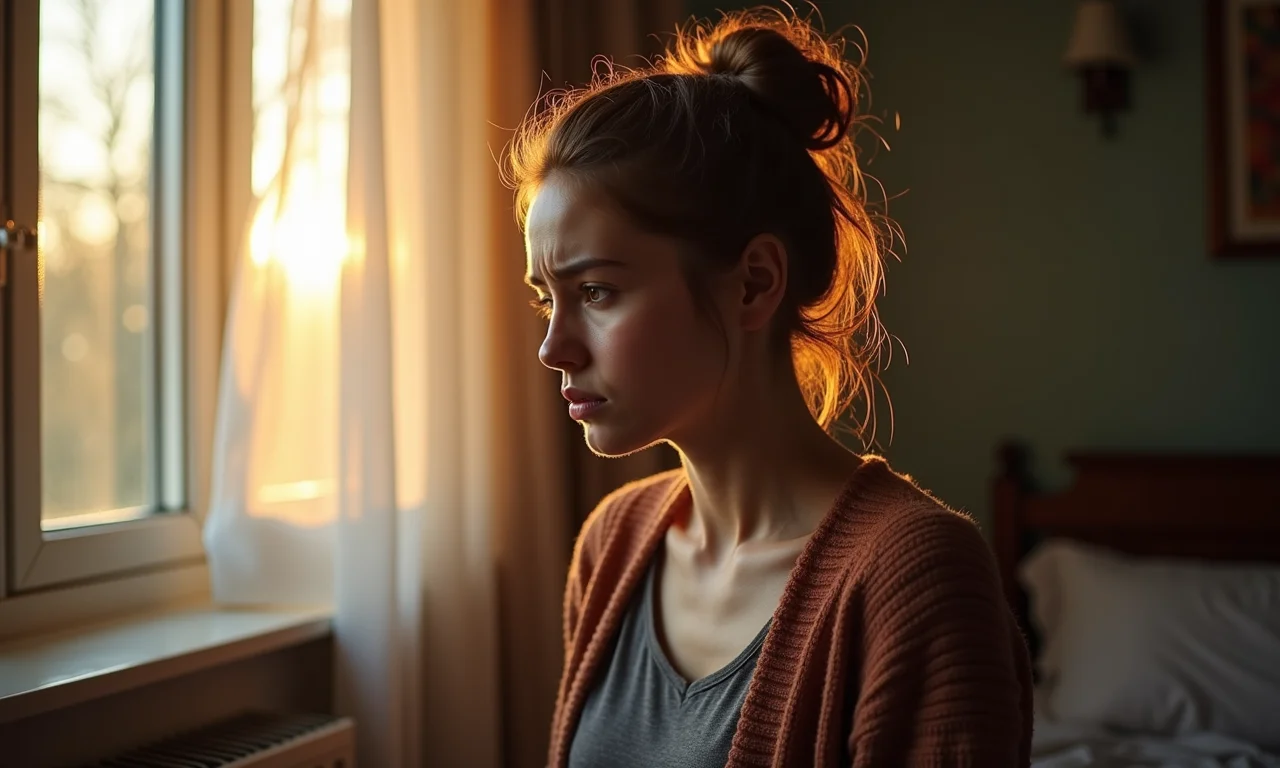 Mulher triste e com pouca energia em um ambiente interno, representando os riscos da deficiência de vitamina D.