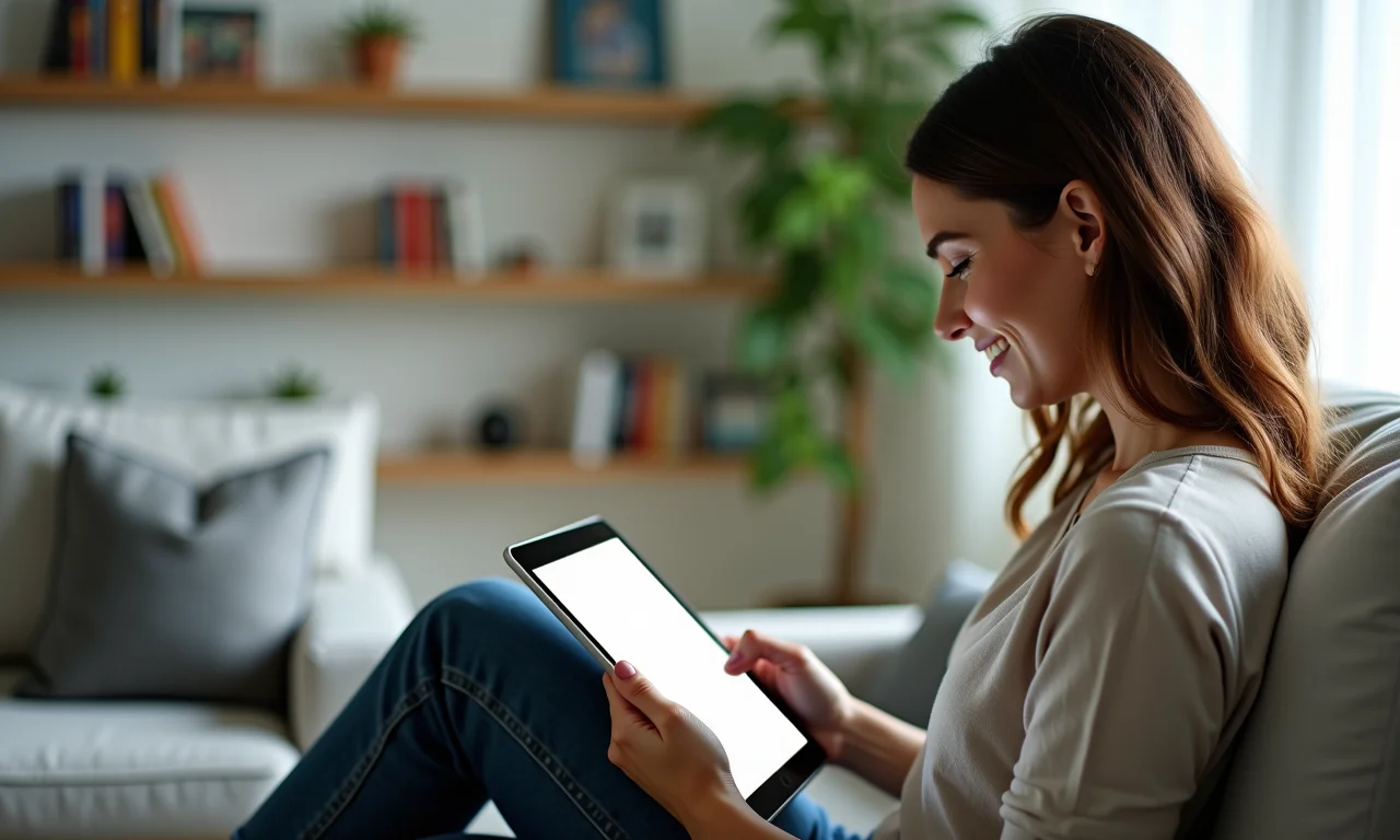 Mulher usando aplicativo de leitura em tablet.