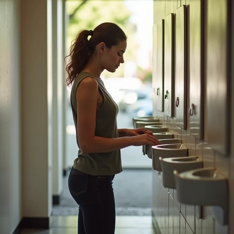 Mulher usando barras de apoio em banheiro acessível