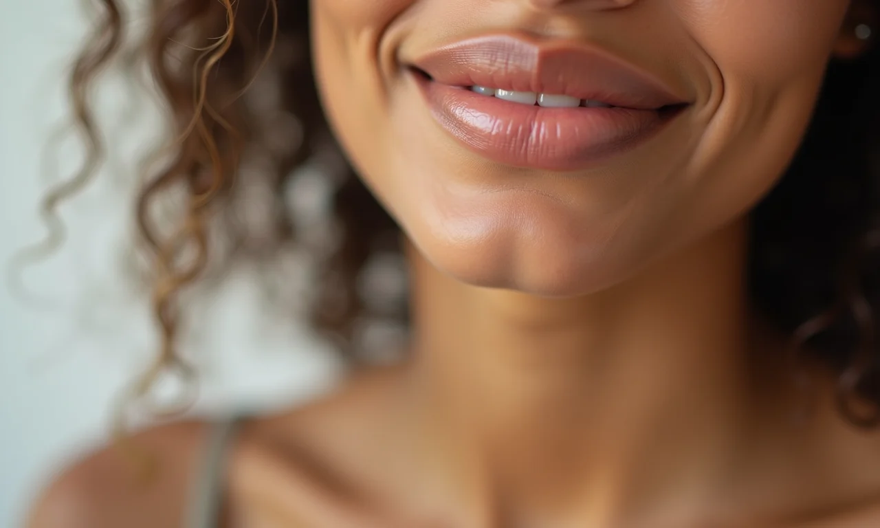 Mulher usando batom nude ou gloss transparente, enfatizando lábios hidratados e saudáveis.