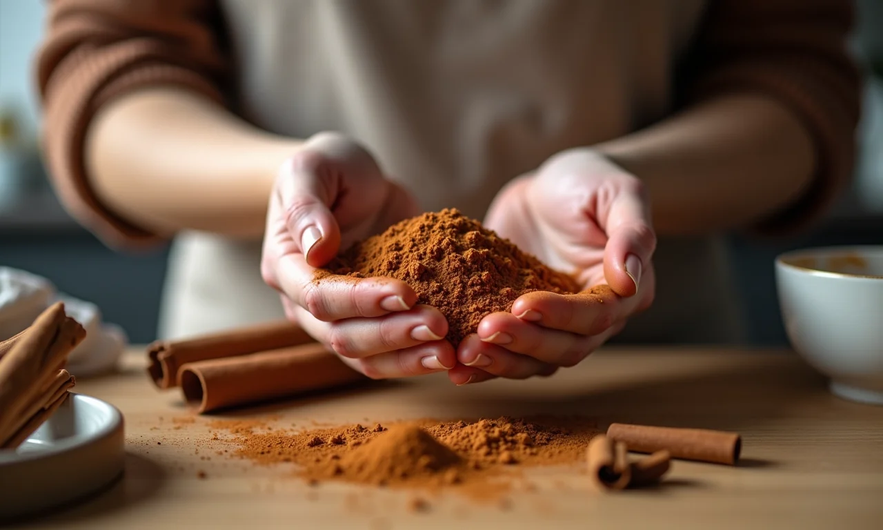 Mulher usando canela em pó no lugar da canela em pau.