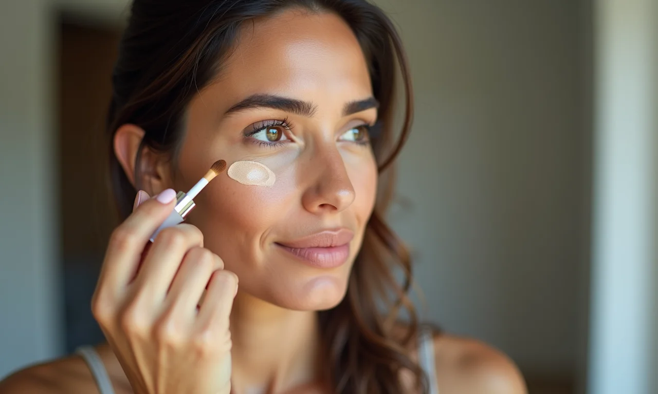 Mulher usando corretivo líquido para cobrir manchas ou olheiras.