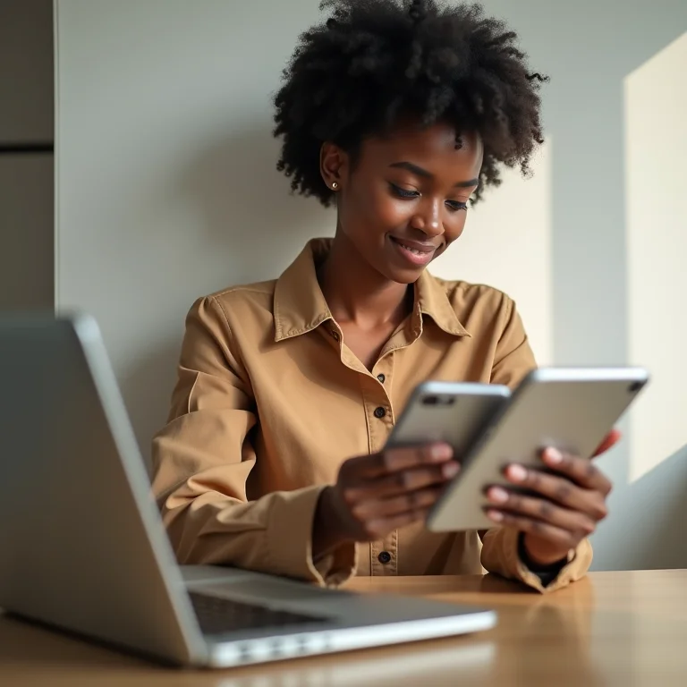 Mulher usando diversos dispositivos eletrônicos