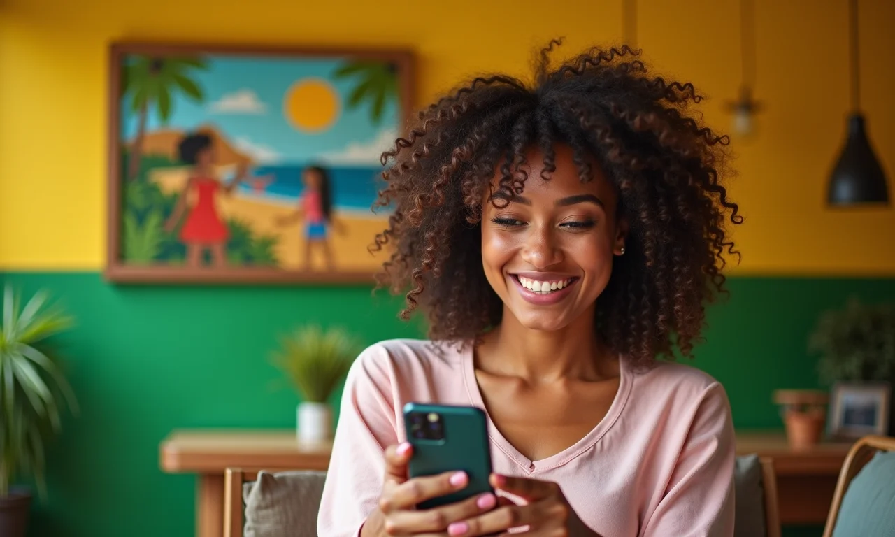 Mulher usando Instagram em um ambiente vibrante com decoração brasileira.