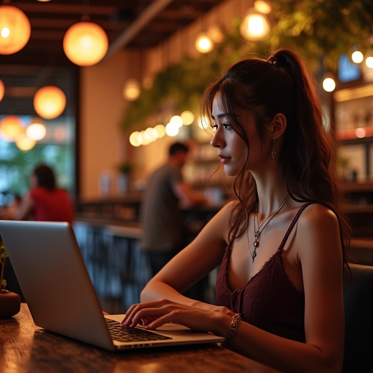 Mulher usando laptop para procurar grupos de dança circular em café.