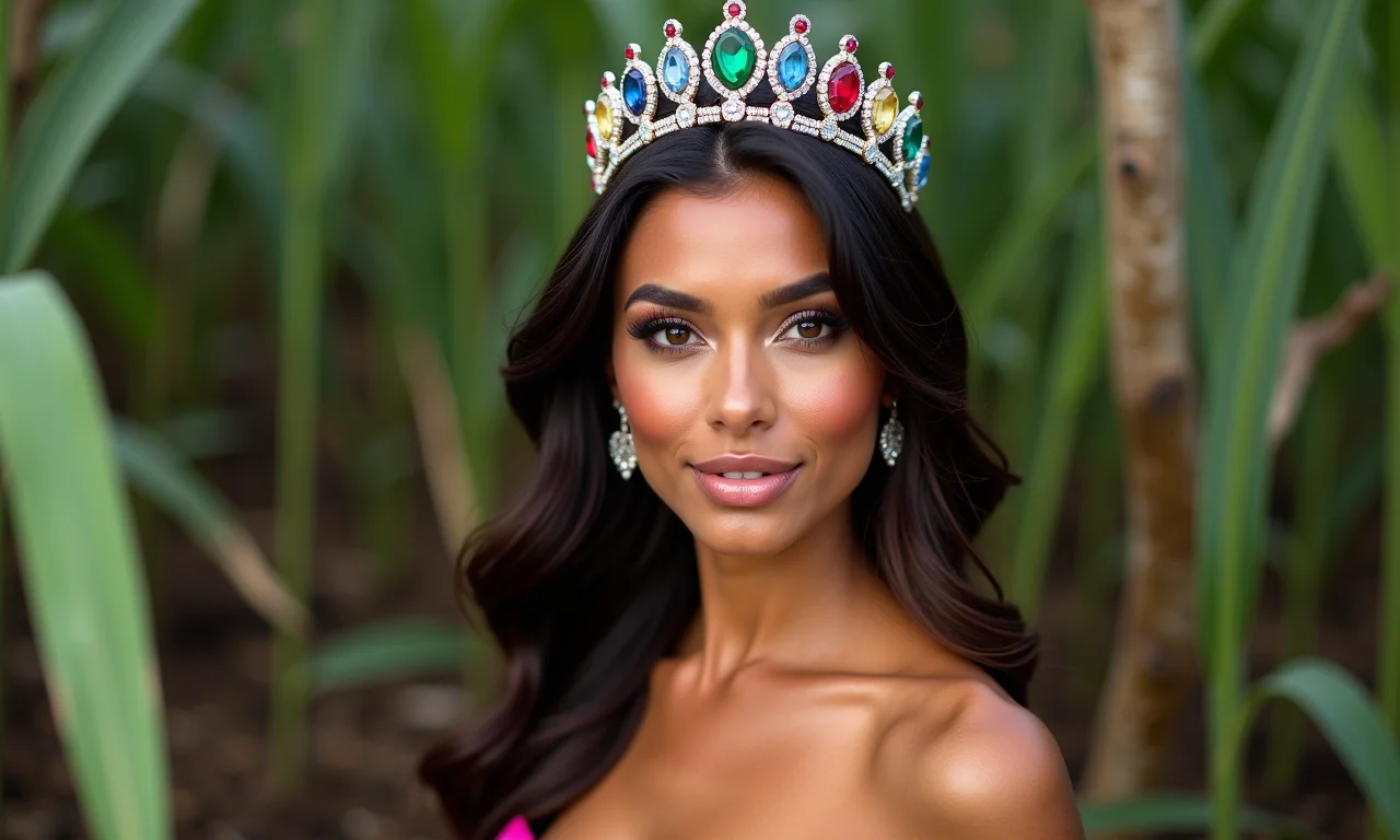 Mulher usando tiara com pedrarias coloridas em estilo Farm Rio.