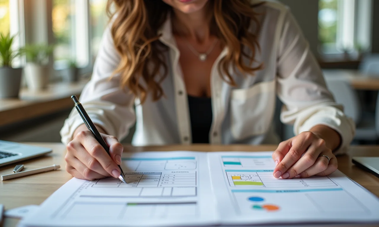 Mulher usando várias ferramentas de planejamento.