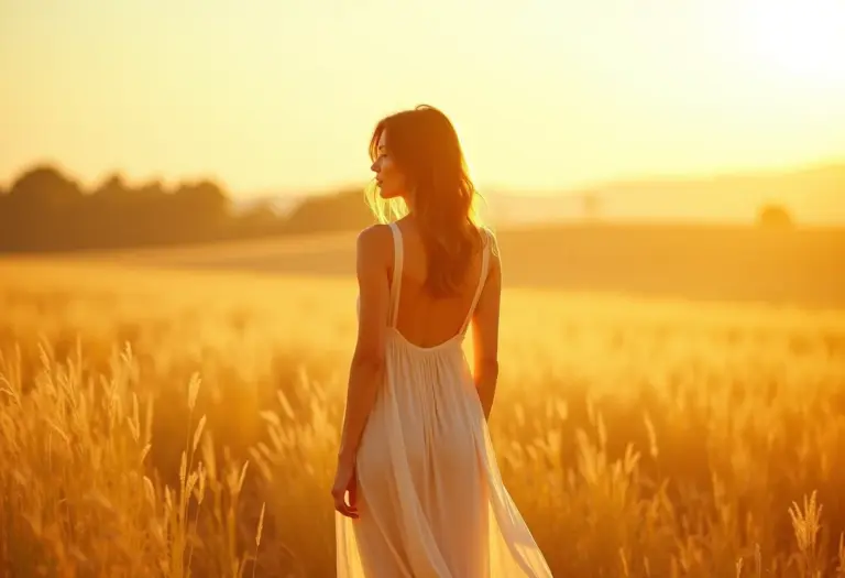 Mulher vestindo um vestido leve de viscose em um campo ensolarado.