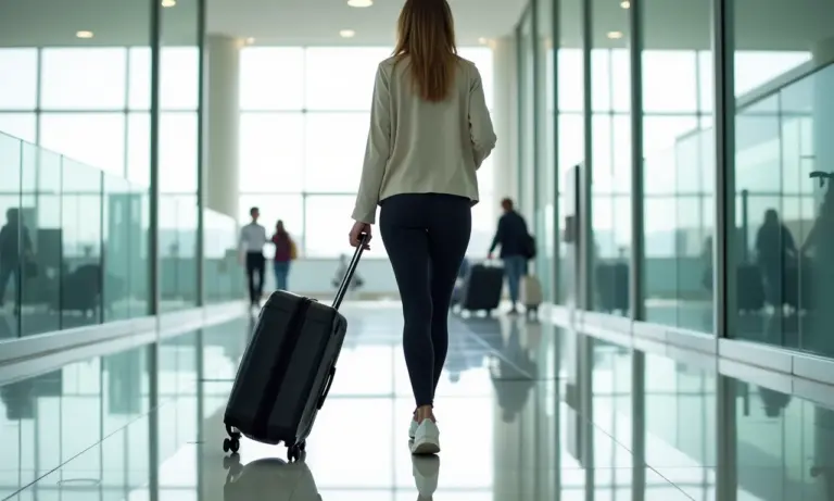 Mulher viajando de avião com roupa confortável e estilosa.
