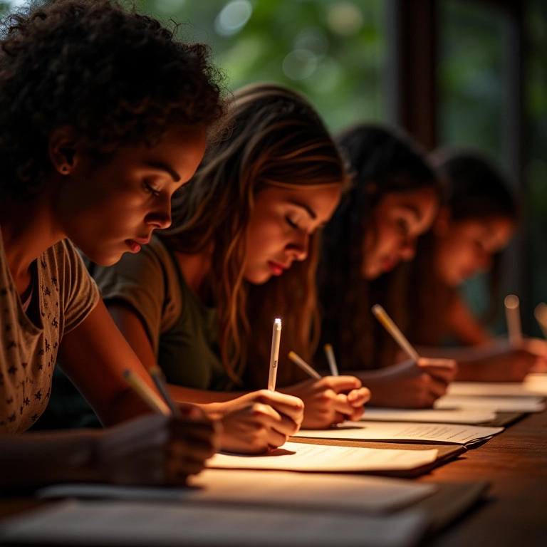 Mulheres brasileiras definindo intenções sob a luz da lua nova.