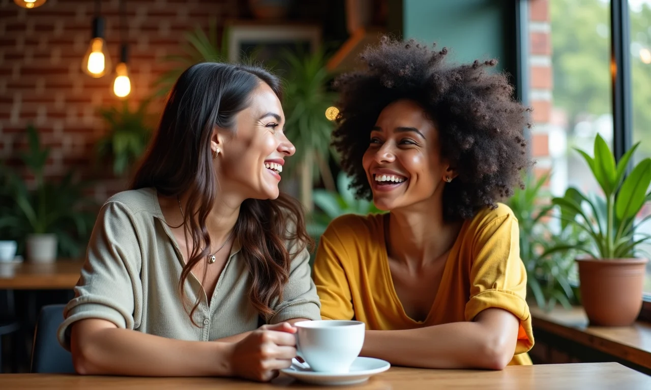 Mulheres brasileiras rindo juntas em um café aconchegante, cercadas de amizade.