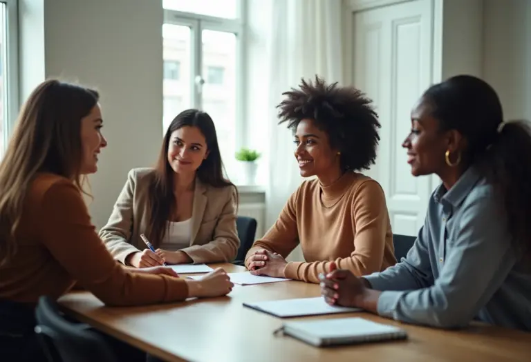Mulheres diversas conversando em ambiente de trabalho, praticando comunicação não violenta.