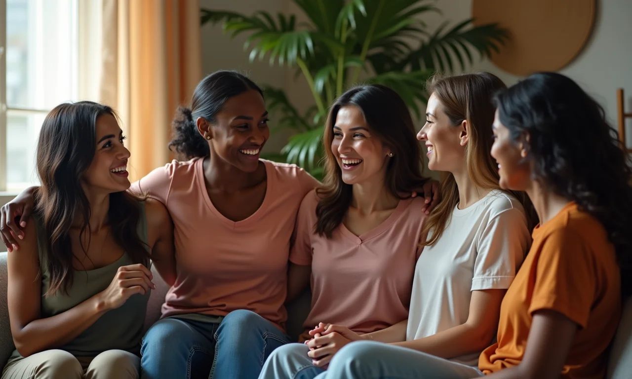 Como Lidar com Fluxo Menstrual Intenso: Dicas de Conforto Mulheres diversas conversando sobre saúde menstrual e bem-estar em um ambiente acolhedor.
