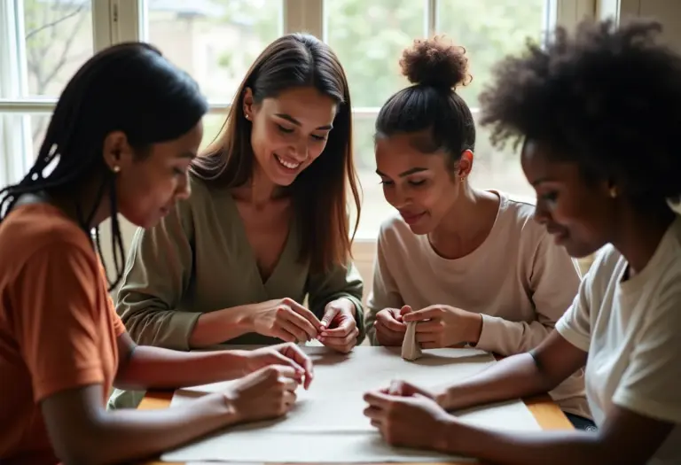 Mulheres diversas costurando juntas em comunidade
