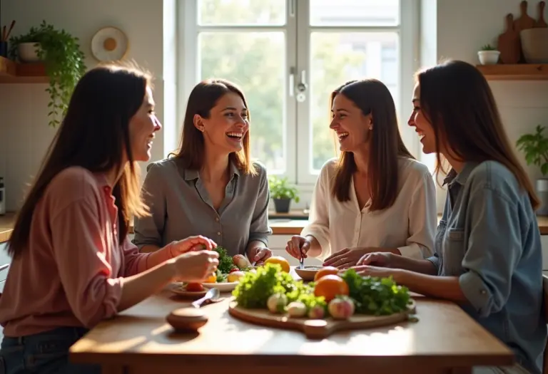 Mulheres diversas preparando juntas uma refeição saudável durante a recuperação da caxumba.