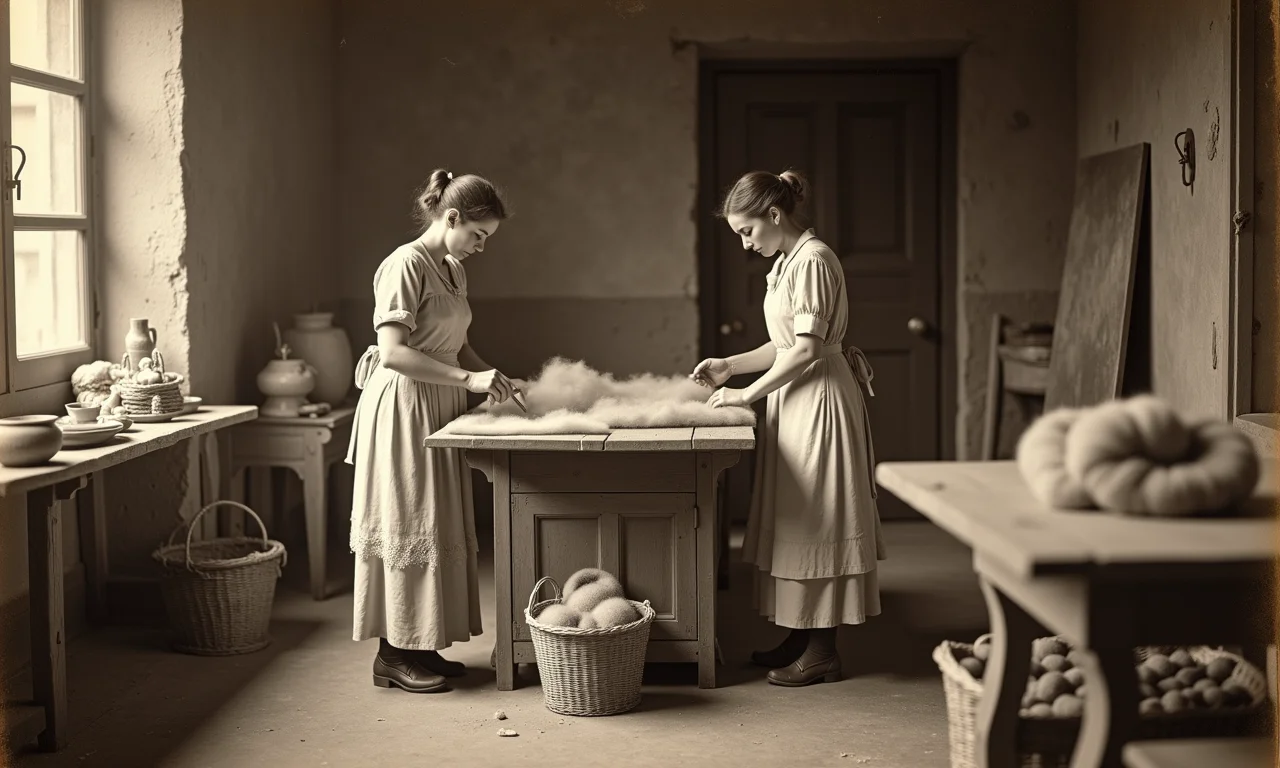 Mulheres em oficina antiga experimentando feltragem.