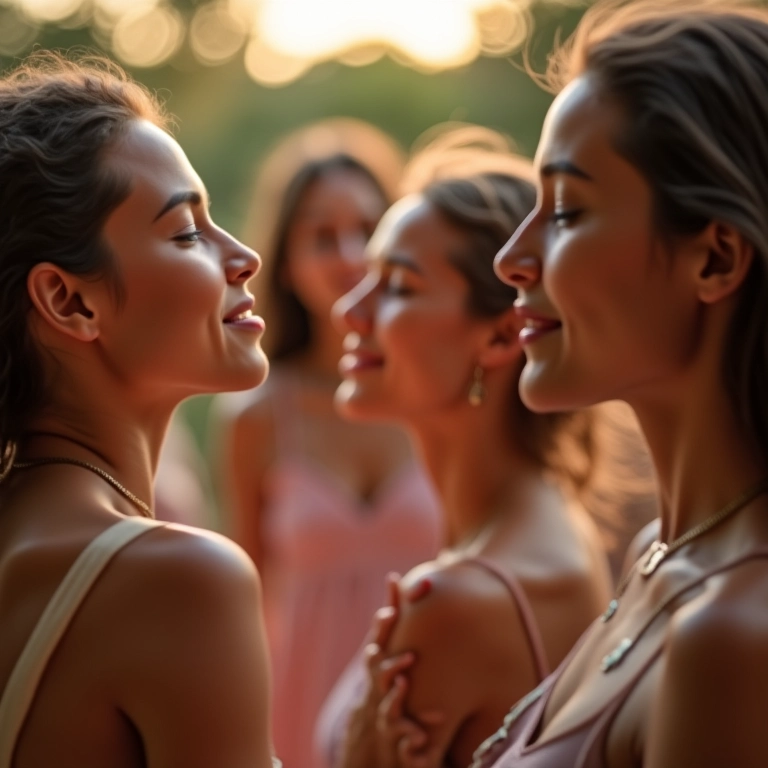 Mulheres sorrindo serenamente dançando em círculo, expressando bem-estar emocional.