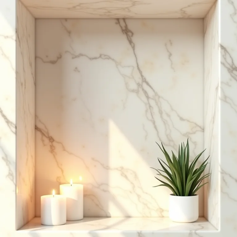 Nichos e prateleiras de mármore travertino em banheiro rústico, detalhes que fazem a diferença