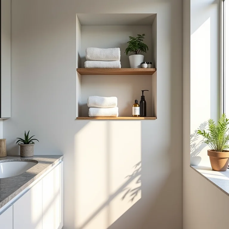 Nichos e prateleiras organizando banheiro pequeno