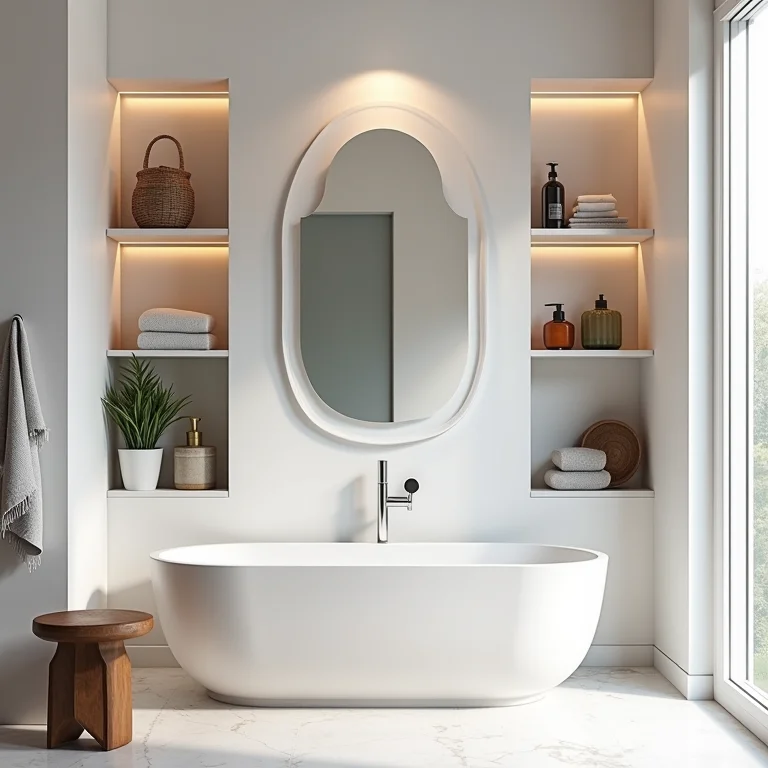 Nichos e prateleiras otimizando o espaço vertical em banheiro pequeno.