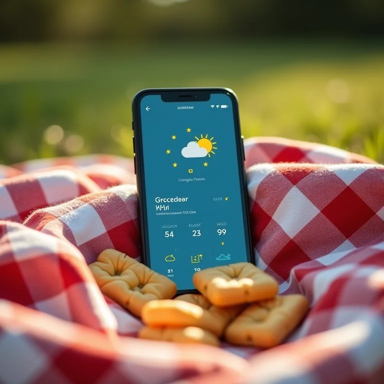 Notificação esquecida do clima em smartphone durante piquenique