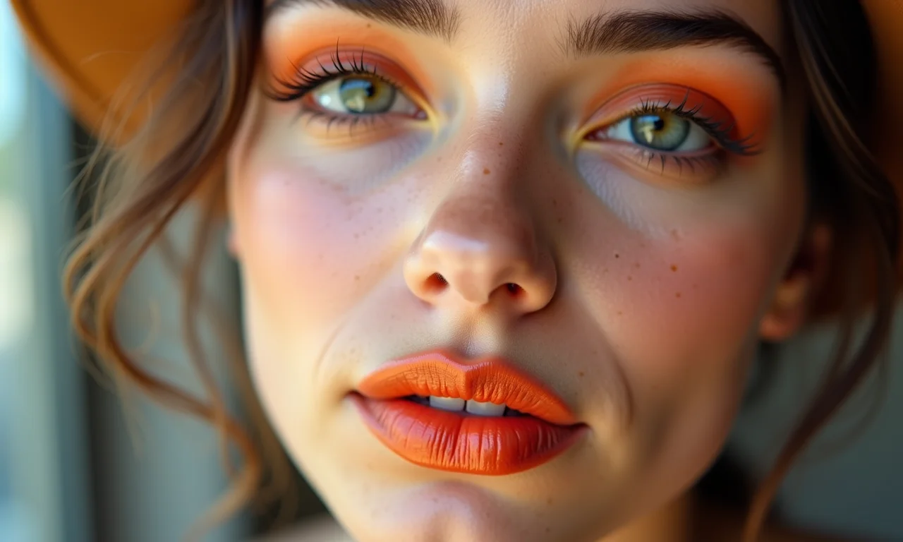 Olhos neutros e iluminados com batom laranja