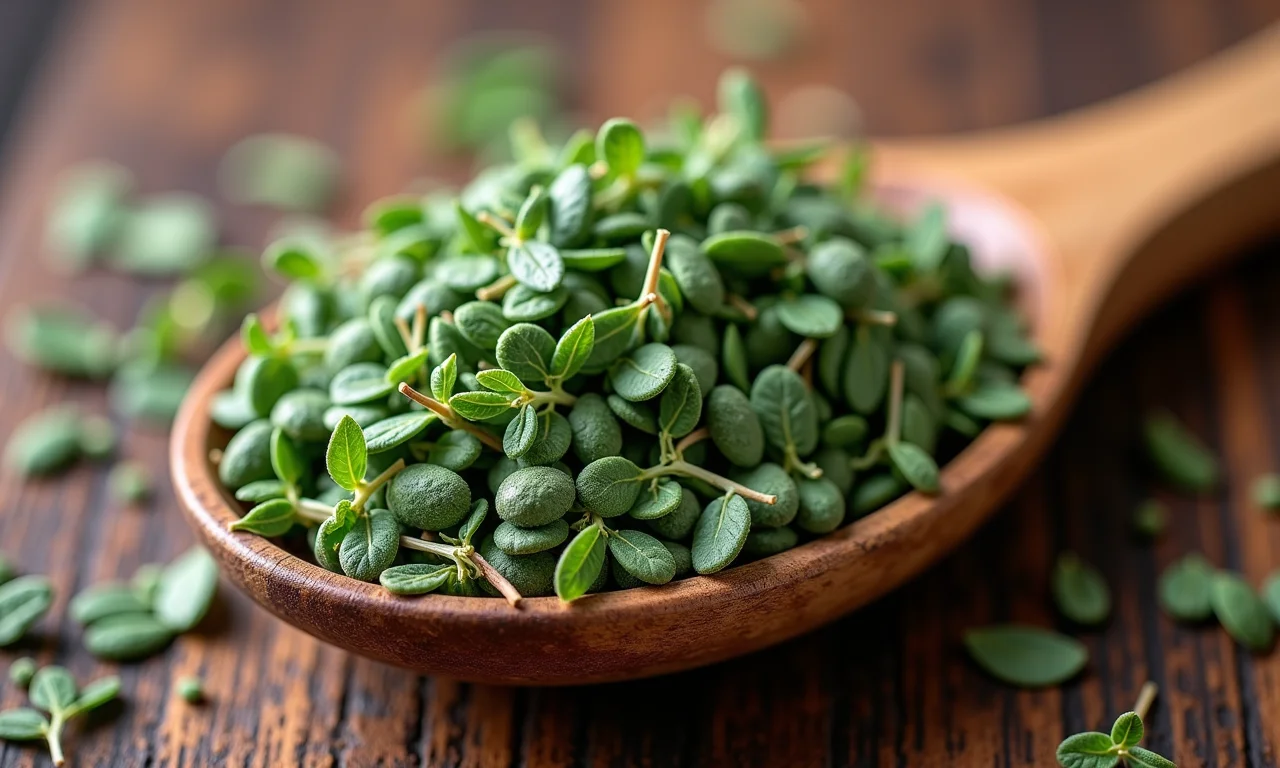 Orégano seco numa colher de pau, com fundo de cozinha rústica.