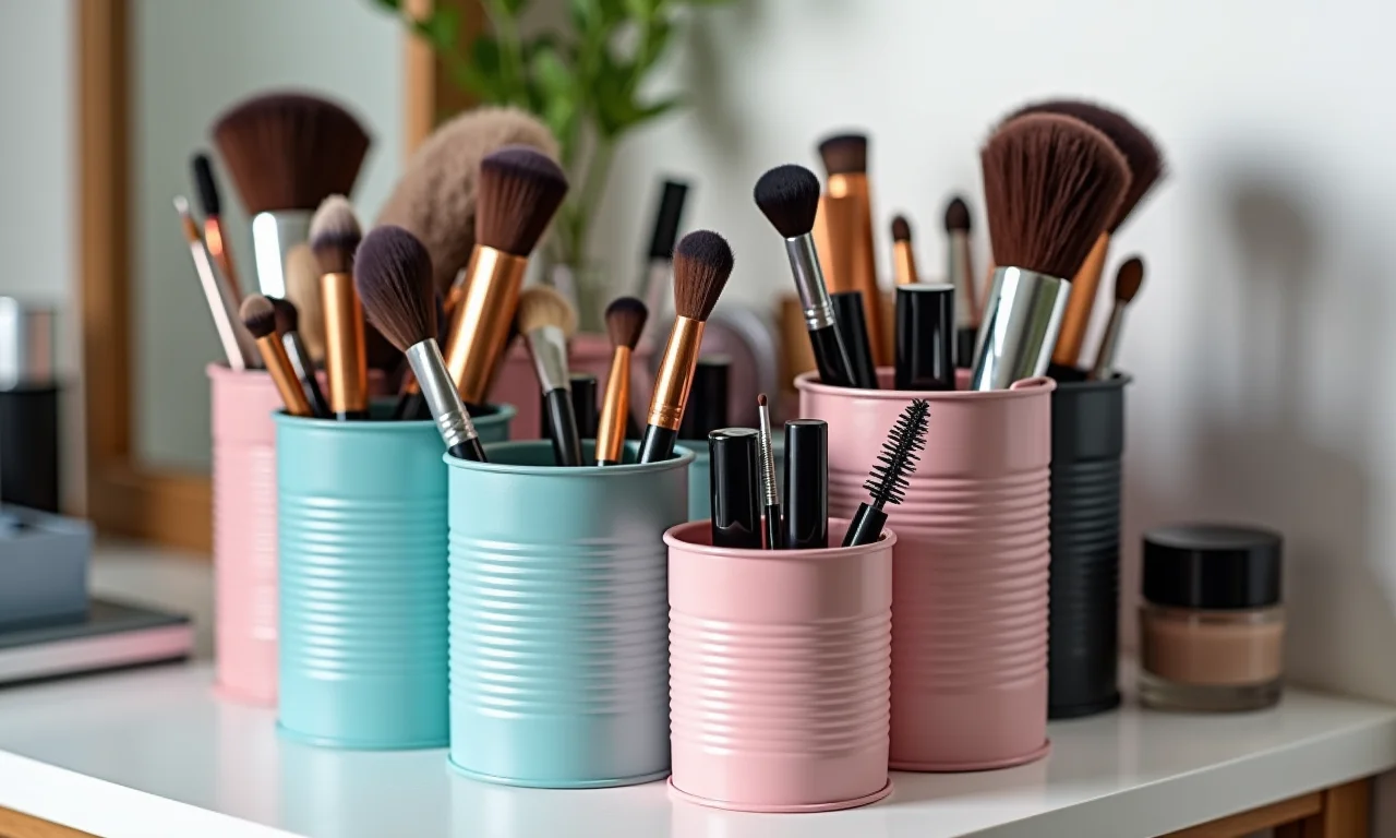 Organizadores de maquiagem feitos com latas de alumínio pintadas.