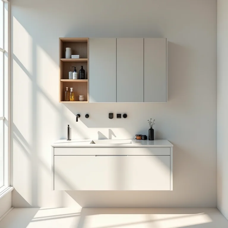 Otimização de espaço com armário aéreo em banheiro pequeno