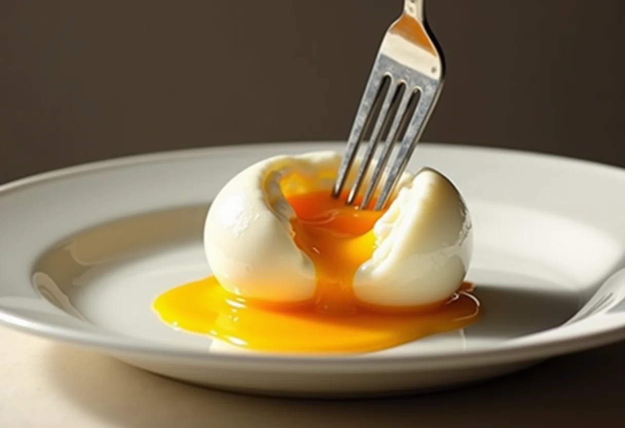 Ovo Poché perfeito: segredos de chef para não errar mais Ovo poché perfeito sendo cortado com um garfo, mostrando a gema escorrendo