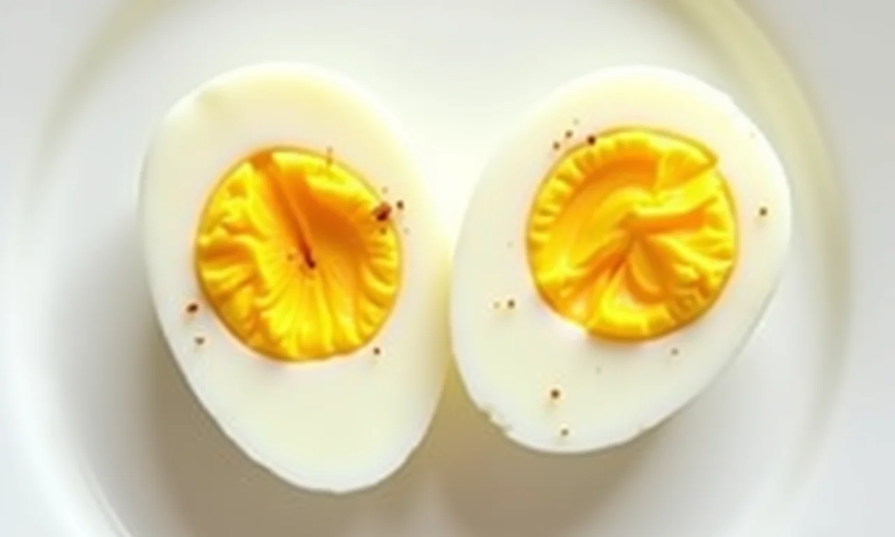 Ovos cozidos cortados ao meio em um prato branco.