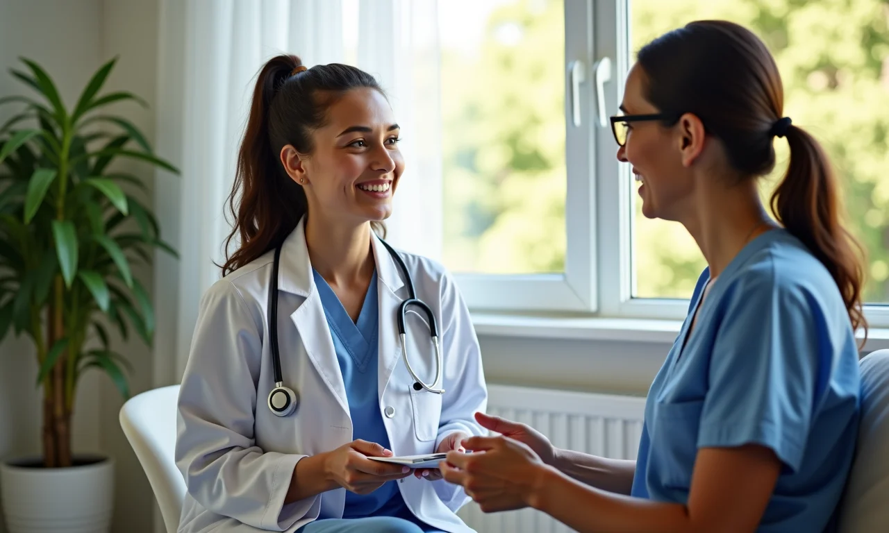 Paciente conversando com nutricionista em hospital.
