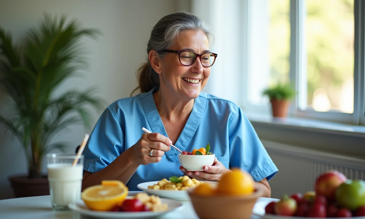 Paciente saboreando lanche saudável no hospital.
